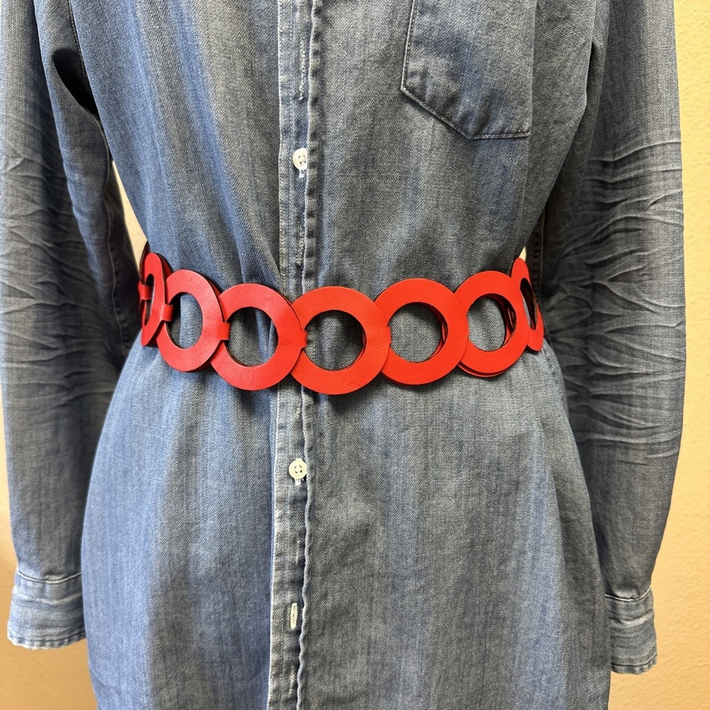 RARE VTG Loewe Belt Womens Small Red Leather Round Links Adjustable ribbon tie - Picture 3 of 10